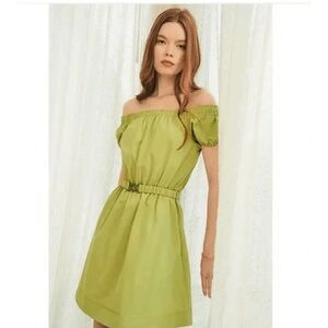 LDT Off-Shoulder Green Belted Short Dress